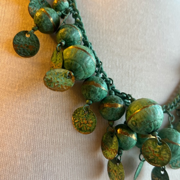 Bohemian Antique Brass Bell Turquoise and Gold Tone Necklace - Picture 2 of 5